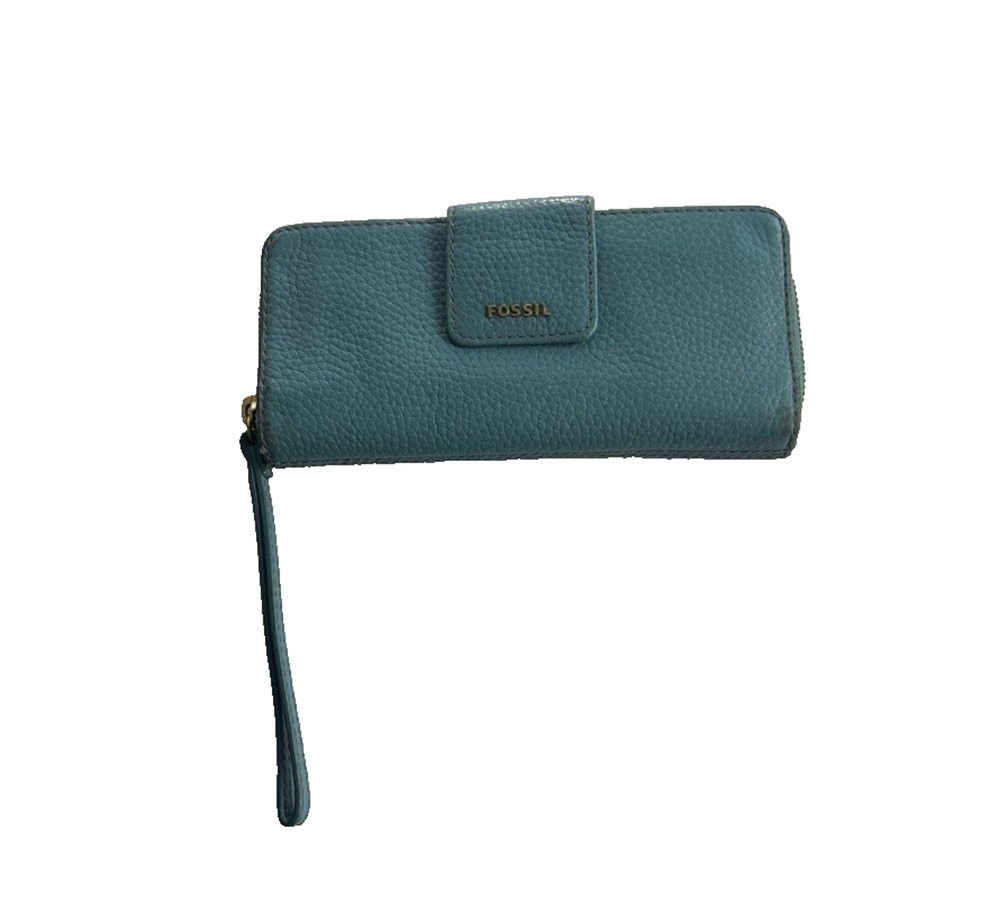 Fossil Madison Wallet Wristlet Zip Clutch Turquoise Leather Bi-fold Gold Logo